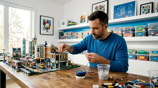 Builder installing LED lights in LEGO cityscape
